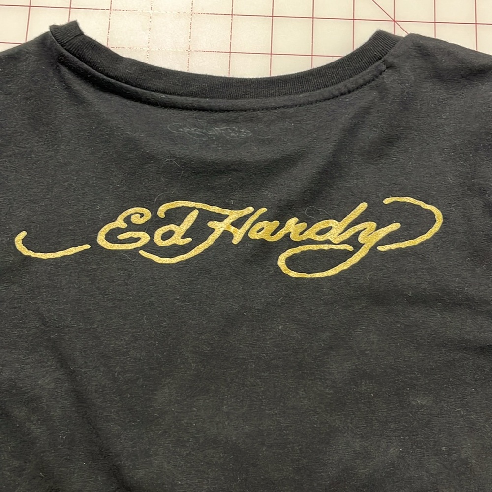 ED HARDY Novelty Print Black Crop Short SLV T-Shirt SZ  L (youth) XS/S (adult) - Picture 11 of 15